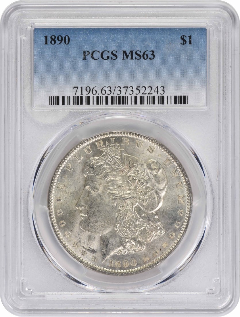 PCGS MS63 1890 Morgan Silver Dollar: PCGS MS63 1890 Morgan Silver Dollar This 1890 Morgan Silver Dollar is graded MS63 by PCGS. Struck in Philadelphia with no mint mark, it is composed of 90% silver and 10% copper. The coin features the 