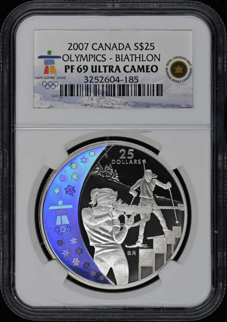 Canada 2007 Olympic Biathlon $25 NGC PR69DCAM: Canada 2007 Olympic Biathlon $25 NGC PR69DCAM This is a 2007 Canada Olympics Biathlon $25 coin, graded PR69DCAM by NGC. The coin is uncirculated and comes with NGC certification. It was issued in Cana