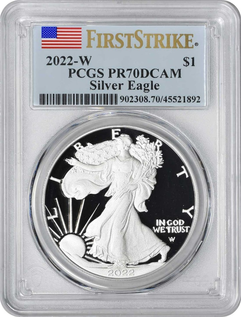 PCGS PR70DCAM First Strike 2022-W American Silver Eagle Dollar: PCGS PR70DCAM First Strike 2022-W American Silver Eagle Dollar This is a 2022-W American Silver Eagle $1 coin, produced by the U.S. Mint at West Point. The coin is struck in proof quality and graded P