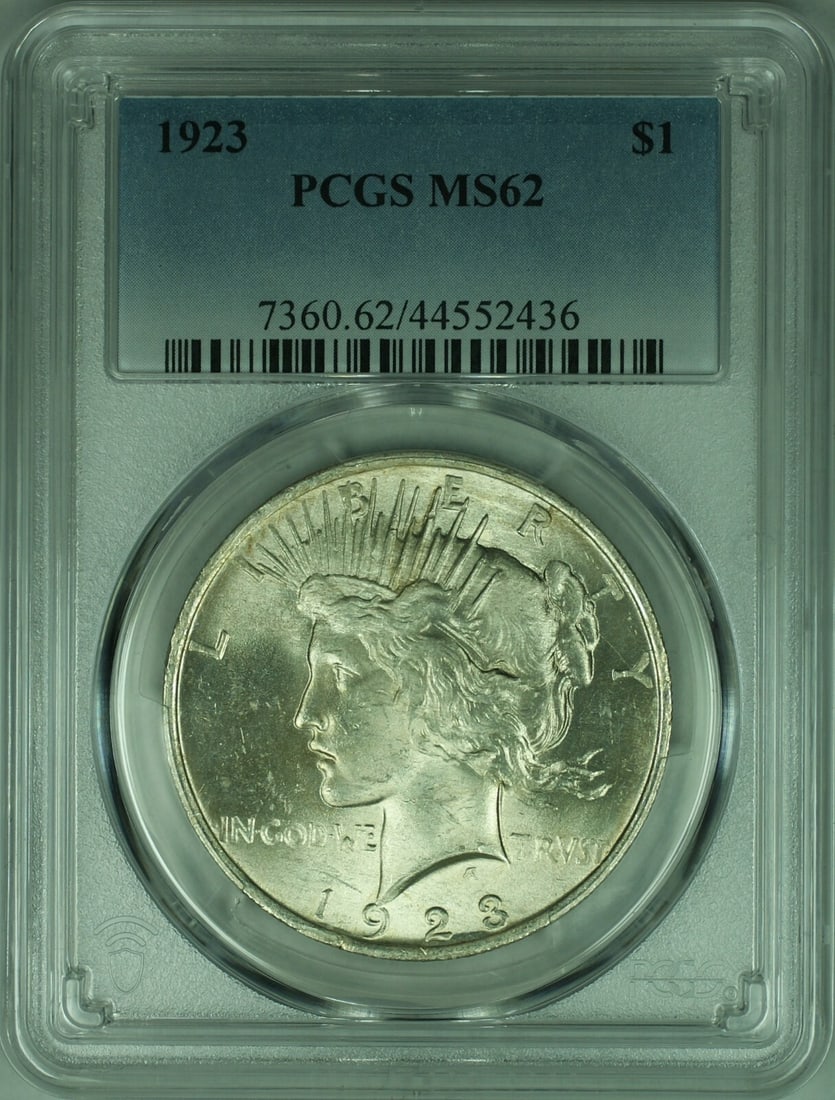 1923 Peace Dollar Silver Coin PCGS MS62 Philadelphia Mint Certified: 1923 Peace Dollar Silver Coin PCGS MS62 Philadelphia Mint Certified This 1923 Peace Silver Dollar features a $1 denomination and has been certified by PCGS with a grade of MS 62. Minted in Philadelphi