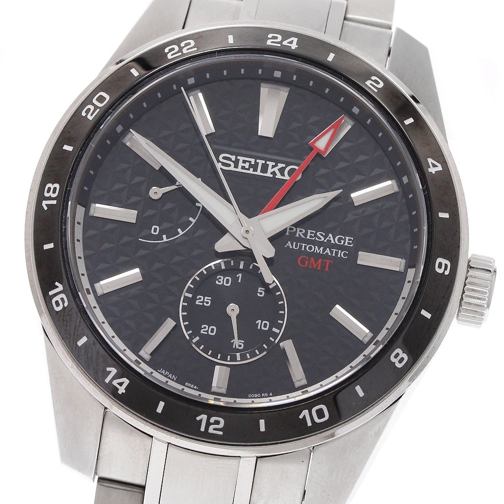 Seiko Presage GMT Automatic Stainless Steel Men's Wristwatch: Seiko Presage GMT Automatic Stainless Steel Men's Wristwatch This SEIKO Presage GMT men's wristwatch, model SARF005/6R64-00C0, features a stainless steel case and band with a black dial. The automatic