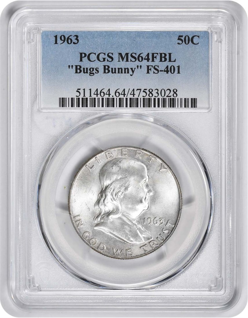 PCGS MS64FBL Franklin Half Dollar 1963 Bugs Bunny FS-401: PCGS MS64FBL Franklin Half Dollar 1963 Bugs Bunny FS-401 This 1963 Franklin Silver Half Dollar is a 'Bugs Bunny' FS-401 variety, graded MS64FBL by PCGS. Struck at the Philadelphia Mint, it is composed