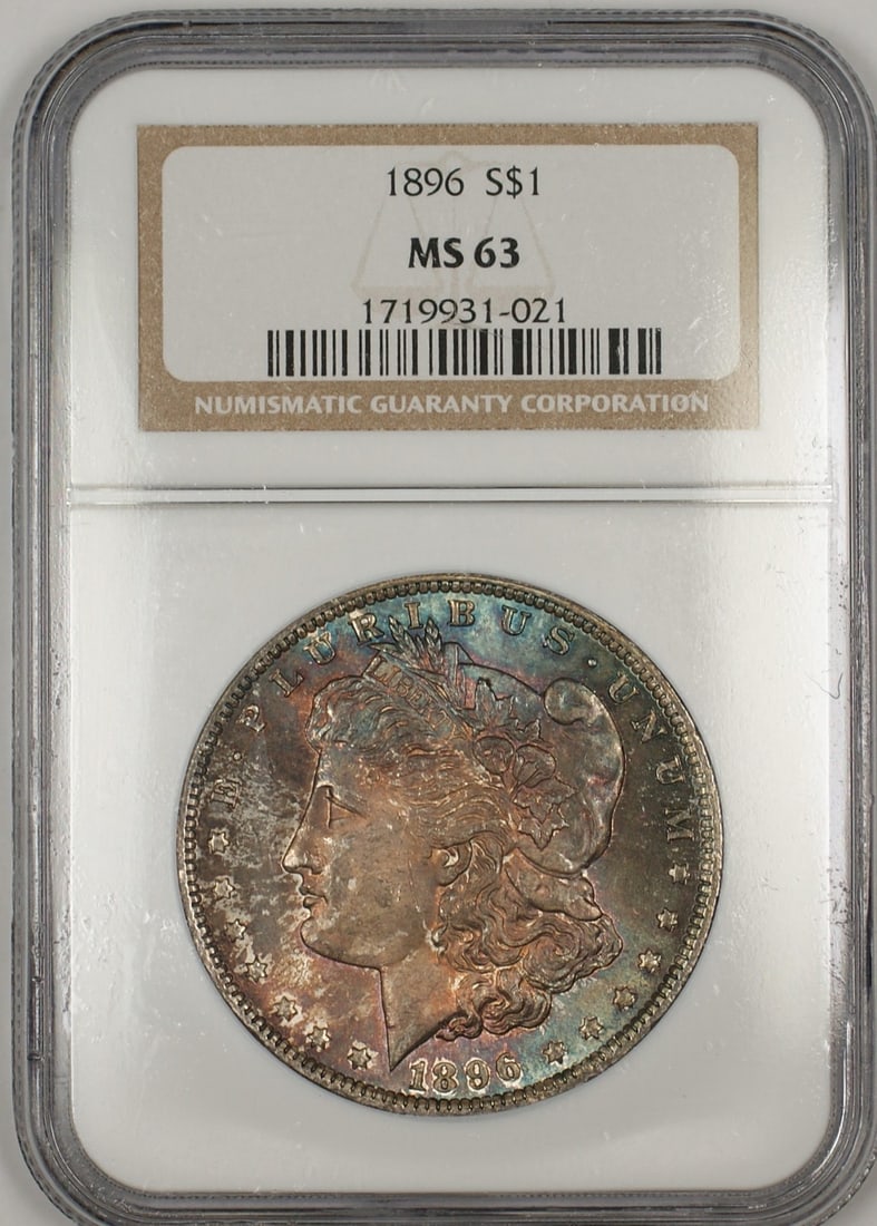 NGC MS-63 1896 Silver Morgan Dollar Nicely Toned Uncirculated Coin: NGC MS-63 1896 Silver Morgan Dollar Nicely Toned Uncirculated Coin This is an 1896 Morgan Silver Dollar $1 coin, certified by NGC with a grade of MS-63. The coin is uncirculated and features attractiv