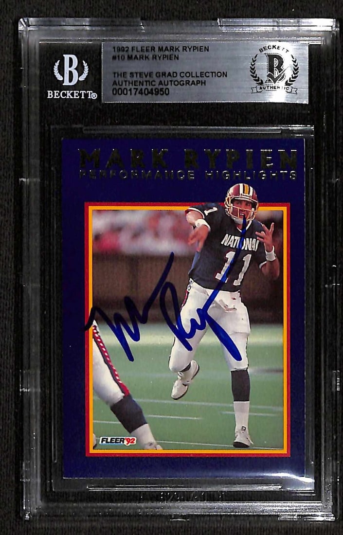 Autographed 1992 Fleer Mark Rypien #10 Card Beckett Certified: Autographed 1992 Fleer Mark Rypien #10 Card Beckett Certified This is an authentic 1992 Fleer Mark Rypien #10 sports trading card, signed by Washington Redskins Quarterback Mark Rypien in blue permane