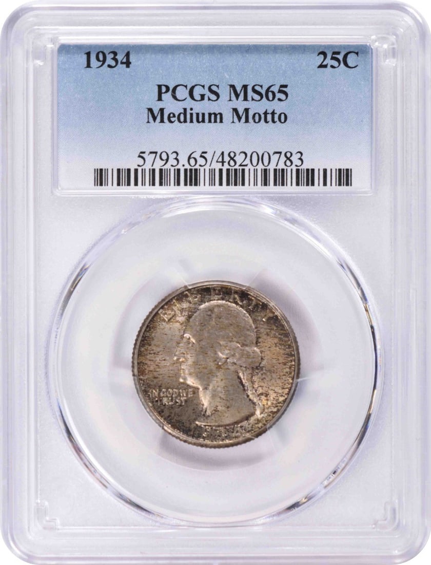 PCGS MS65 1934 Washington Quarter Medium Motto: PCGS MS65 1934 Washington Quarter Medium Motto This 1934 Washington Silver Quarter is a remarkable piece certified by PCGS with a grade of MS65, indicating an uncirculated condition. Minted in Philade