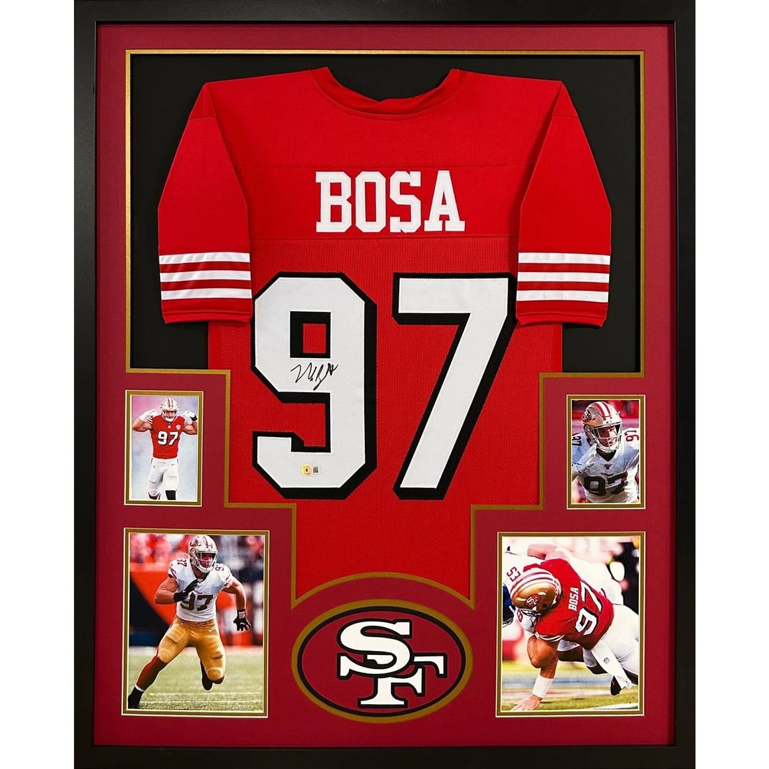 Nick Bosa Autographed Framed Jersey 49ers Beckett Certified 42x34: Nick Bosa Autographed Framed Jersey 49ers Beckett Certified 42x34 This autographed Nick Bosa jersey is beautifully framed and features a striking red color representing the 49ers. Authenticated by Bec