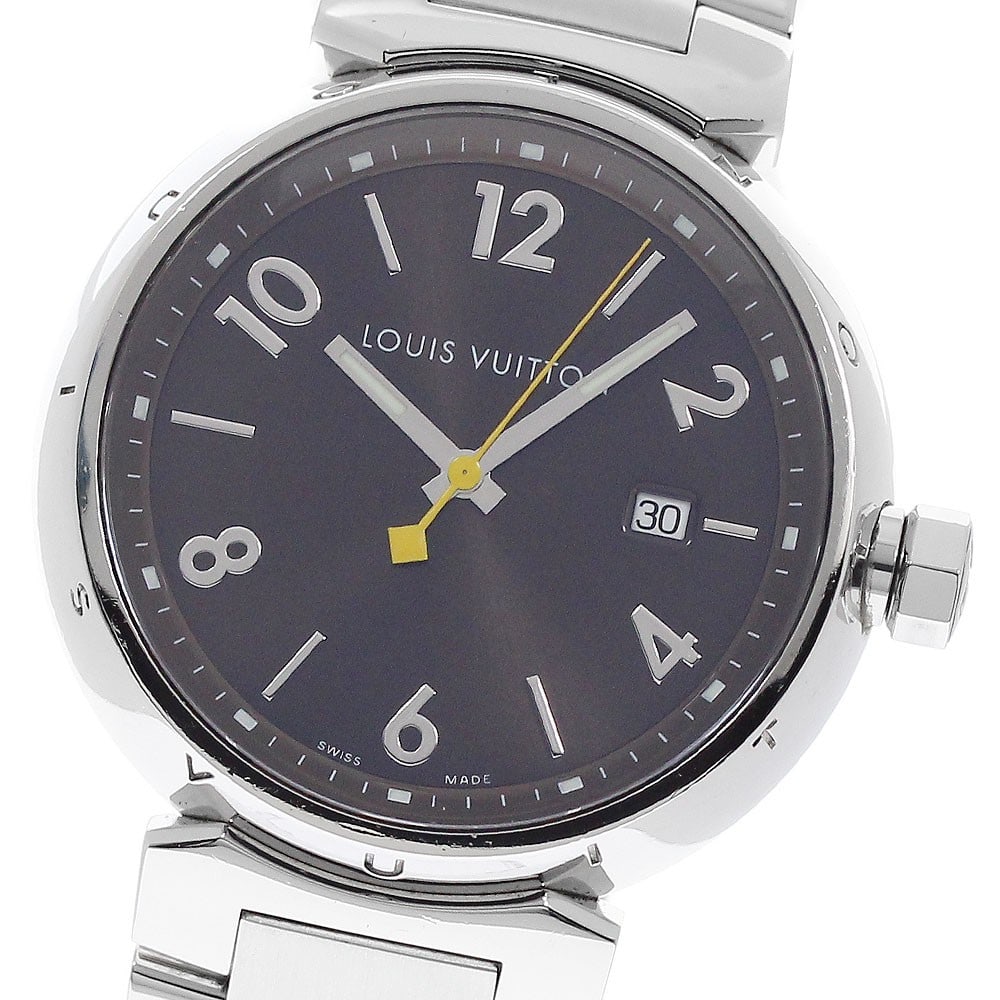 Louis Vuitton Tambour Q1111 Quartz Date Stainless Steel Watch: Louis Vuitton Tambour Q1111 Quartz Date Stainless Steel Watch This Louis Vuitton Tambour Date Quartz men's wristwatch features a stainless steel case and bracelet with a brown dial. The watch is equip