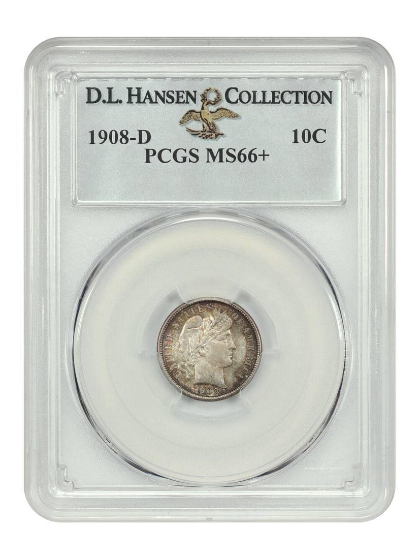 PCGS MS66+ 1908-D Barber Dime 10C Denver Mint: PCGS MS66+ 1908-D Barber Dime 10C Denver Mint This 1908-D Barber Dime is graded MS66+ by PCGS and is encapsulated in a protective holder. The coin is conditionally scarce in gem and finer, with PCGS r