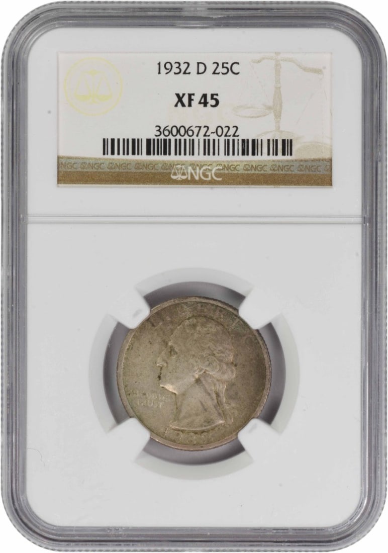 NGC EF45 1932-D Washington 25C Silver Quarter: NGC EF45 1932-D Washington 25C Silver Quarter This 1932-D Washington Silver Quarter is graded EF45 by NGC. Struck in silver, this circulated coin features the iconic Washington design and was minted i