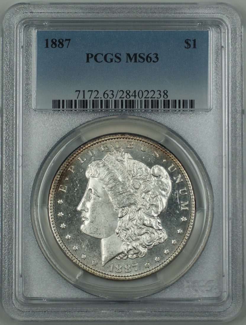 PCGS MS63 1887 Silver Morgan Dollar Philadelphia Proof Like: PCGS MS63 1887 Silver Morgan Dollar Philadelphia Proof Like This is an 1887 Morgan Silver Dollar coin certified by PCGS with a grade of MS-63 (PL). The coin is uncirculated and was minted in Philadelp