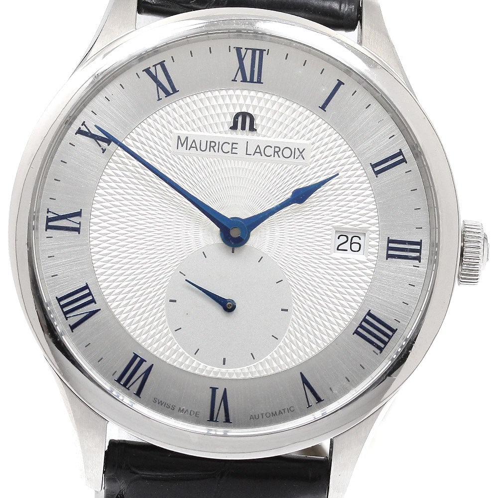 Maurice Lacroix Masterpiece Automatic Stainless Steel Date Watch: Maurice Lacroix Masterpiece Automatic Stainless Steel Date Watch This Maurice Lacroix Masterpiece Small Seconds Date wristwatch features a stainless steel case and a silver dial, complemented by a lea