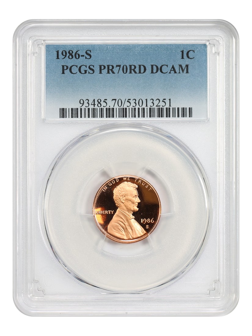 PCGS PR70RD DCAM 1986-S Lincoln 1C Modern Cent: PCGS PR70RD DCAM 1986-S Lincoln 1C Modern Cent This 1986-S Lincoln Cent (Modern) is a PCGS-certified proof coin graded PR70RD DCAM. It is an uncirculated 1C issue from the San Francisco Mint and is li