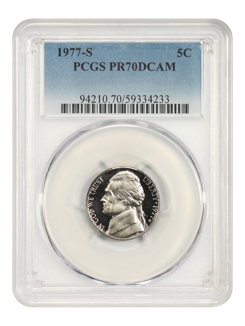 Jefferson Nickel 1977-S 5C PCGS PR70DCAM: Jefferson Nickel 1977-S 5C PCGS PR70DCAM A 1977-S Jefferson Nickel graded PCGS PR70DCAM. The coin is uncirculated and certified by PCGS, with certification number 59334233. Condition: pre-owned. Speci