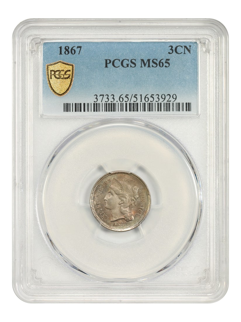 1867 PCGS MS65 3CN Three Cent Nickel Coin: 1867 PCGS MS65 3CN Three Cent Nickel Coin 1867 Three Cent Nickel certified by PCGS and graded MS65. This Philadelphia issue is uncirculated and pre-owned, with certification number 51653929. Specifica