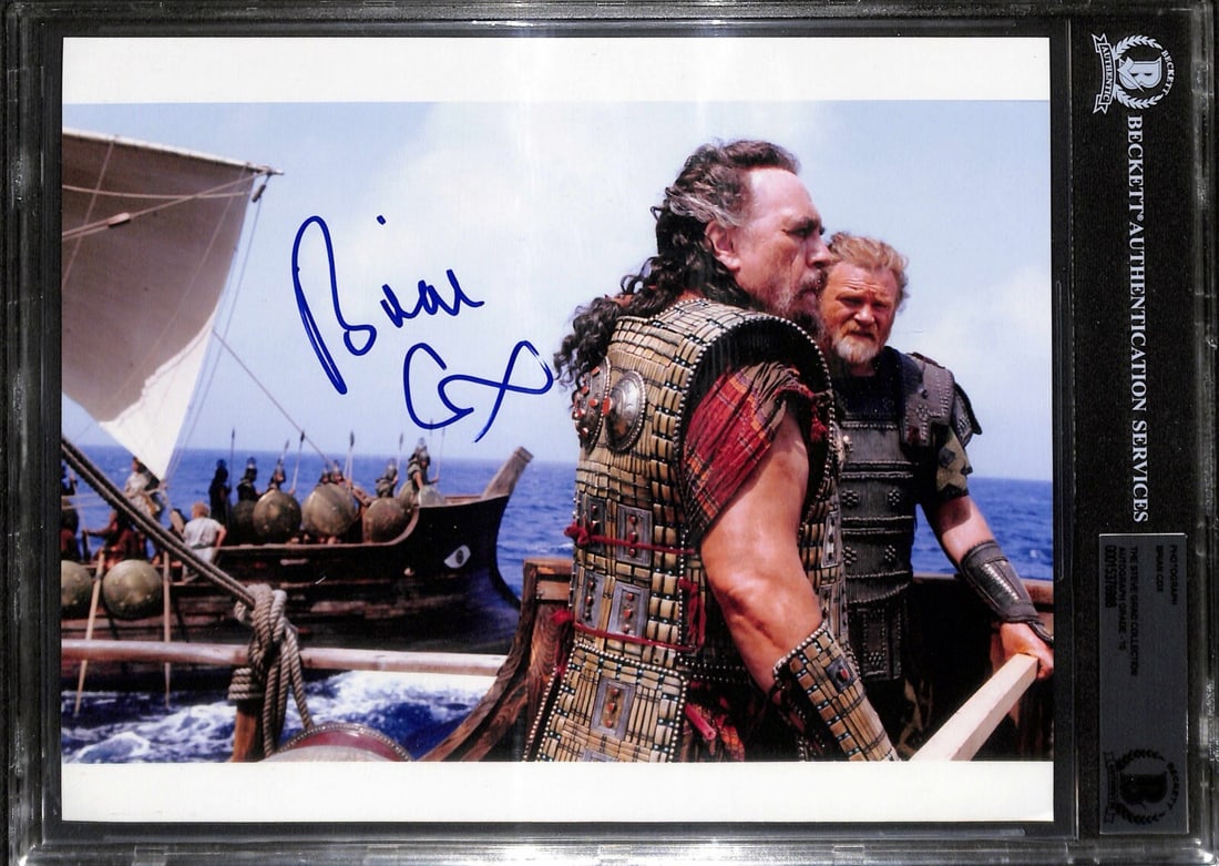 Brian Cox Signed 8x10 Troy Photograph Beckett Grade 10: Brian Cox Signed 8x10 Troy Photograph Beckett Grade 10 This stunning 8x10 photograph features the autograph of acclaimed actor Brian Cox, known for his role in the epic film "Troy." The signature, pen