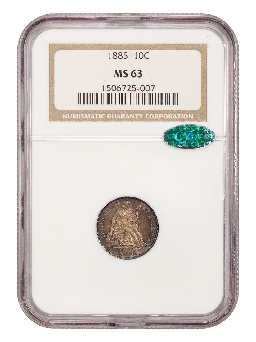 NGC MS63 CAC 1885 Liberty Seated 10C Dime: NGC MS63 CAC 1885 Liberty Seated 10C Dime An 1885 Liberty Seated Dime with a 10C denomination, minted in Philadelphia. The coin is uncirculated and certified by NGC, with certification number 15067250