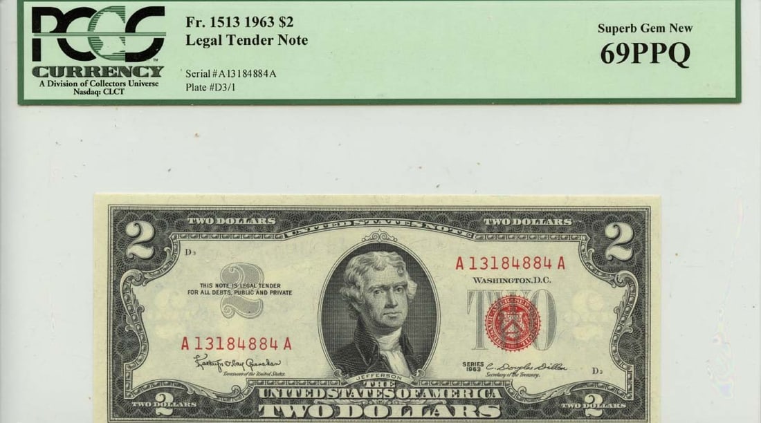 PCGS Superb Gem 69PPQ 1963 $2 FR1513 Legal Tender Note: PCGS Superb Gem 69PPQ 1963 $2 FR1513 Legal Tender Note This is a 1963 $2 Legal Tender Note, FR#1513, graded MS69 by PCGS Currency. It is an uncirculated note, indicating it has not been used in circul