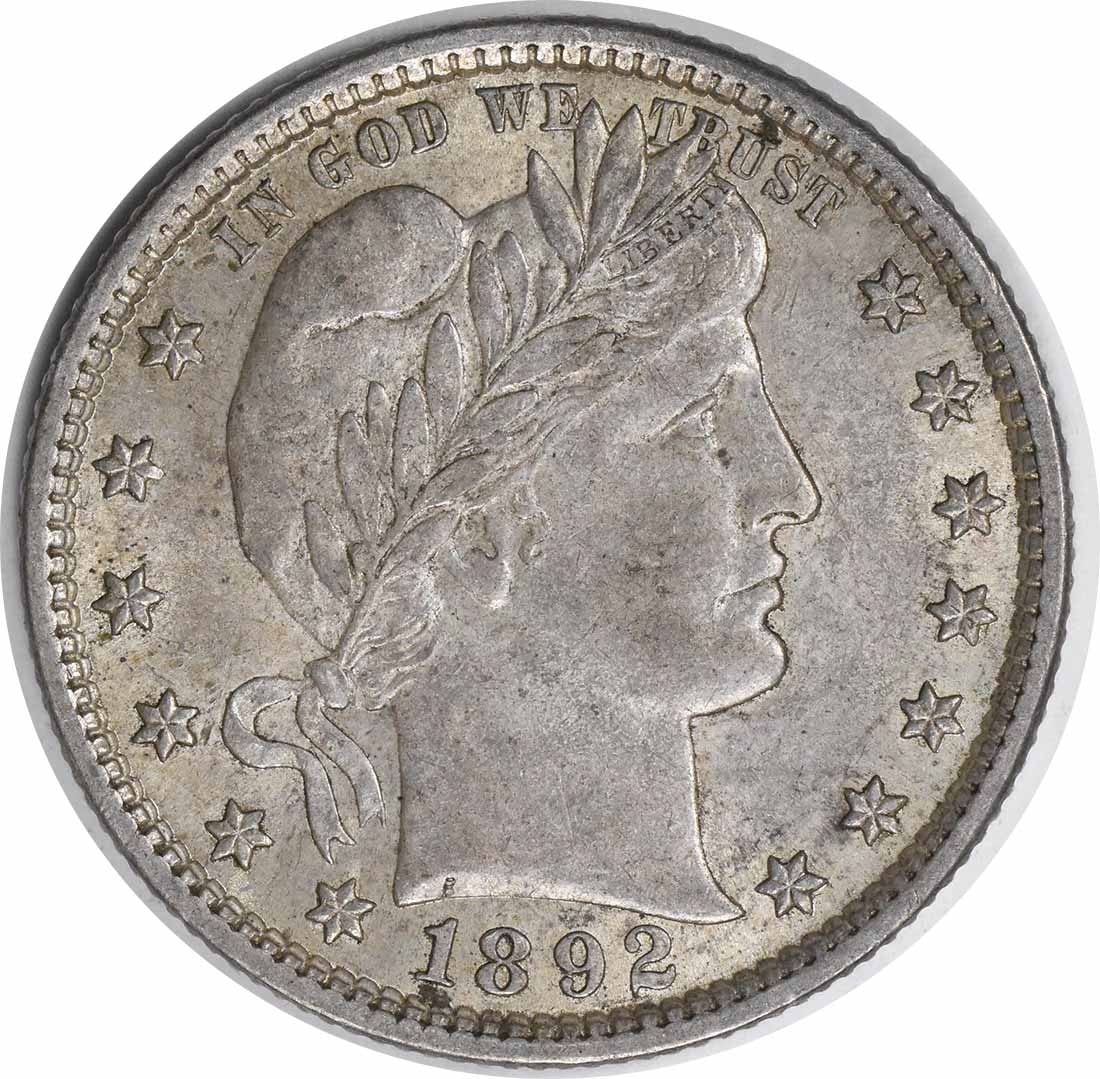 1892 Barber Quarter AU Uncertified 90% Silver Coin Philadelphia: 1892 Barber Quarter AU Uncertified 90% Silver Coin Philadelphia This 1892 Barber Silver Quarter showcases a historical design by Charles E. Barber, originating from the Philadelphia mint. Classified a