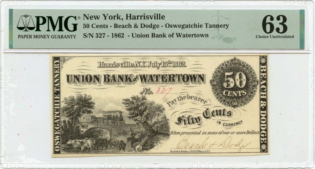 1862 Harrisville New York 50c Obsolete Note PMG CU63 (1 of 2)