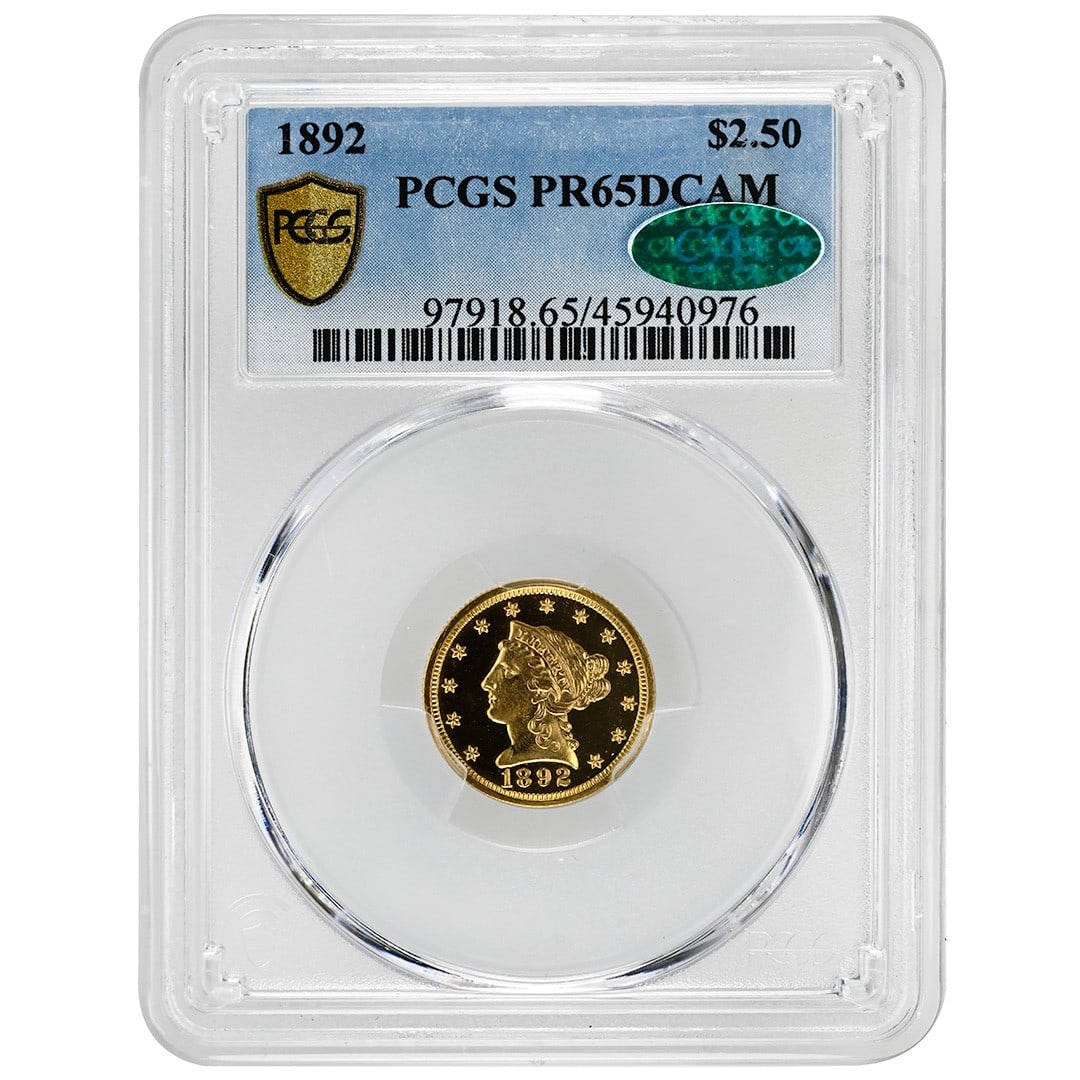 1892 Liberty Head $2.50 Gold Coin PCGS CAC PR65DCAM: 1892 Liberty Head $2.50 Gold Coin PCGS CAC PR65DCAM This is an 1892 $2.50 Liberty Head gold coin, certified by PCGS and CAC with a grade of PR65DCAM. Struck in Philadelphia as a proof deep cameo, this