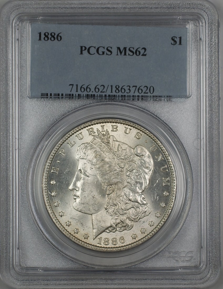 PCGS MS62 1886 Morgan Silver Dollar $1: PCGS MS62 1886 Morgan Silver Dollar $1 This 1886 Morgan Silver Dollar is a $1 coin certified by PCGS with a grade of MS-62. Struck in Philadelphia, it is composed of silver and remains in uncirculated