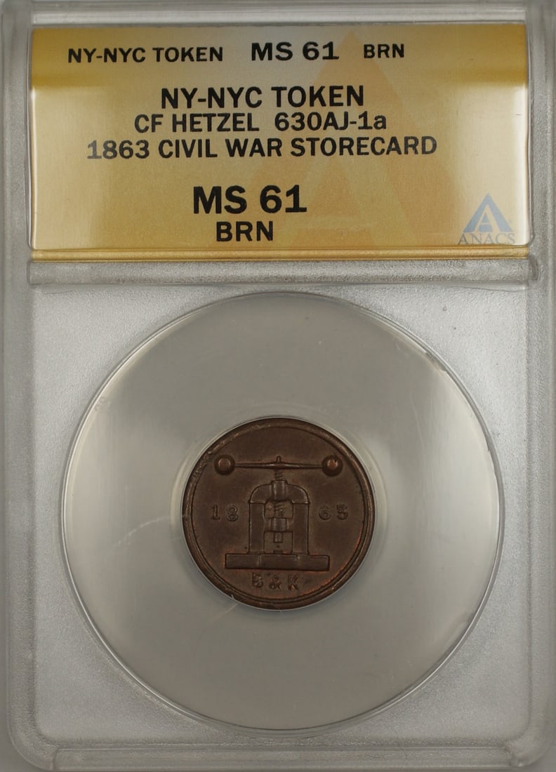 ANACS MS 61 Brown 1863 CF Hetzel Civil War Token (1 of 2)