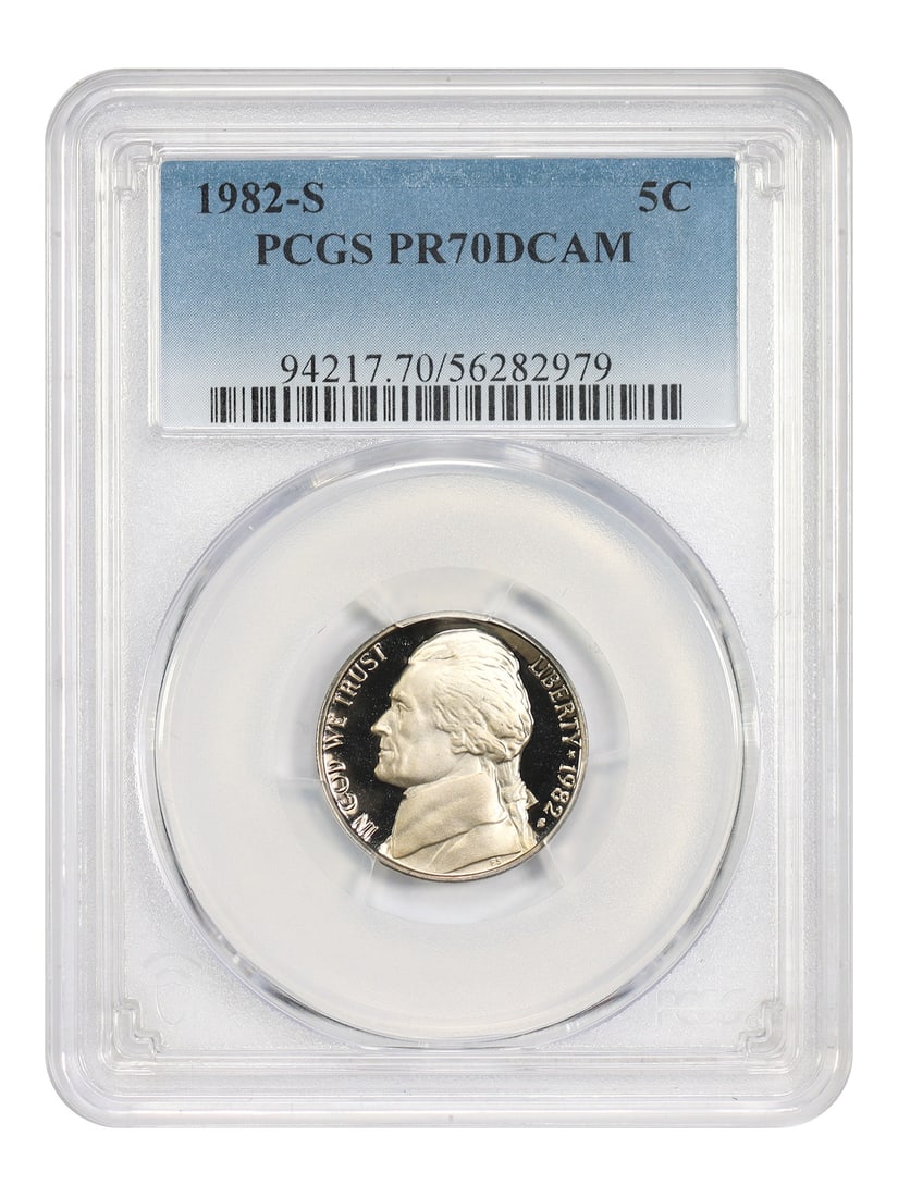 PCGS PR70DCAM 1982-S Jefferson Nickel 5C Proof: PCGS PR70DCAM 1982-S Jefferson Nickel 5C Proof 1982-S Jefferson Nickel certified by PCGS with a PR70DCAM grade. This uncirculated coin is from the San Francisco mint and is identified as a 5C denomina