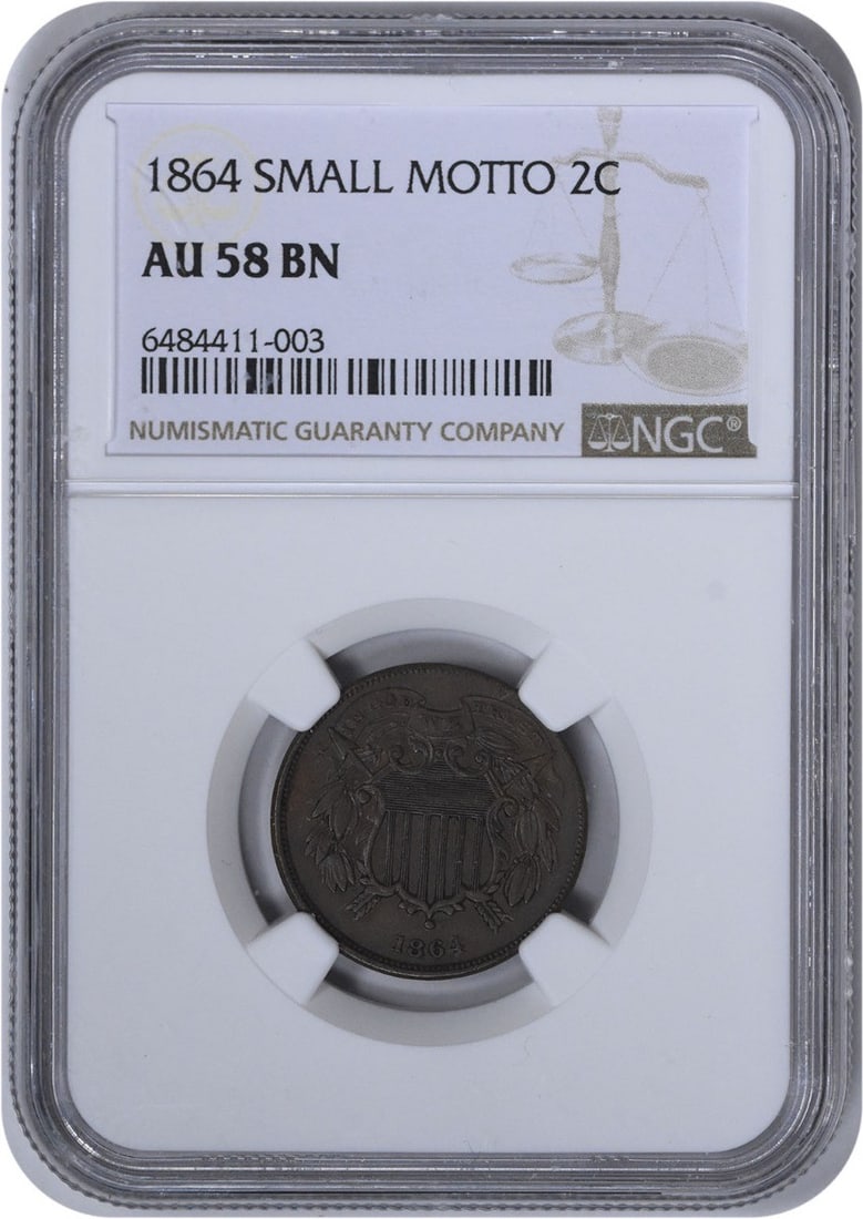 1864 NGC AU58BN Two Cent Small Motto: 1864 NGC AU58BN Two Cent Small Motto This 1864 Two Cent Piece features the Small Motto variety and has been graded AU58BN by NGC. It is a circulated coin from the United States with no mint mark, refl