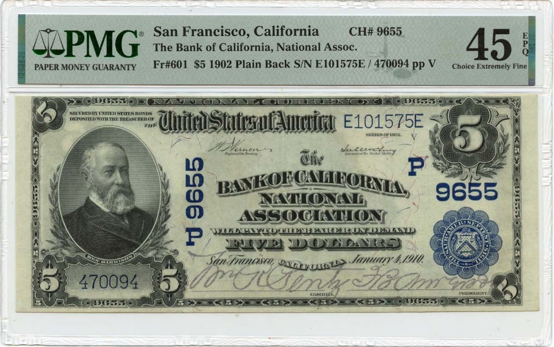 1902 Bank of California San Francisco $5 National Note PMG XF45 EPQ (1 of 2)