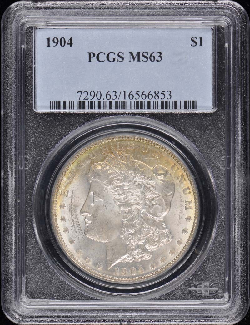 1904 Morgan Dollar PCGS MS63 Uncirculated Philadelphia Mint: 1904 Morgan Dollar PCGS MS63 Uncirculated Philadelphia Mint This 1904 Morgan Dollar is certified by PCGS, boasting a grade of MS63, indicating it remains in uncirculated condition. Minted in Philadelp
