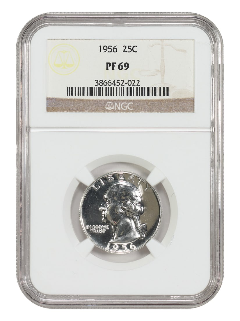NGC PR69 1956 Washington Quarter 25C Philadelphia: NGC PR69 1956 Washington Quarter 25C Philadelphia This 1956 Washington Quarter is a 25C coin from the Philadelphia mint, certified by NGC and graded PR69. The original description notes a mintage of 6