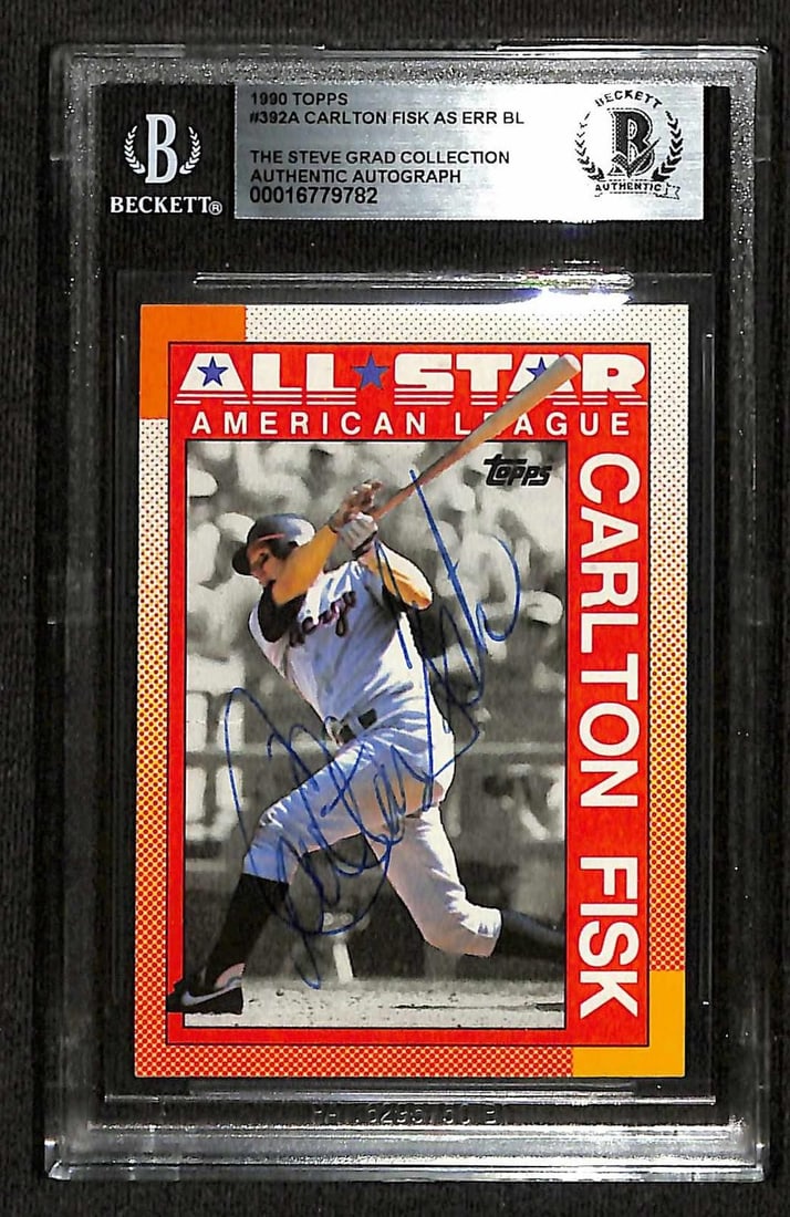 Beckett authenticated Carlton Fisk signed 1990 Topps All-Star card: Beckett authenticated Carlton Fisk signed 1990 Topps All-Star card This is a 1990 Topps All-Star #392A trading card featuring Hall of Fame catcher Carlton Fisk, hand-signed by Fisk himself. The autogr
