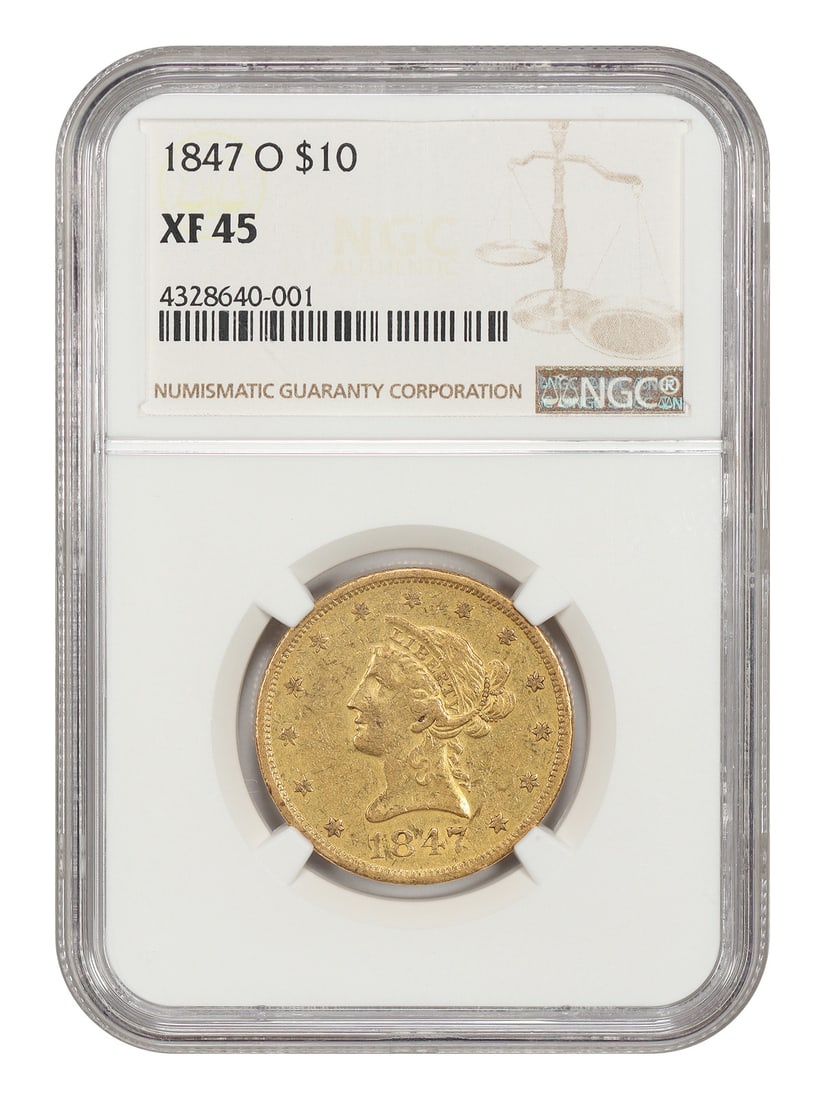 1847-O Liberty Head $10 Gold Eagle NGC XF45: 1847-O Liberty Head $10 Gold Eagle NGC XF45 An 1847-O Liberty Head $10 gold coin certified by NGC and graded XF45. This early New Orleans Mint eagle comes from a low mintage of 571,500, with a surviva