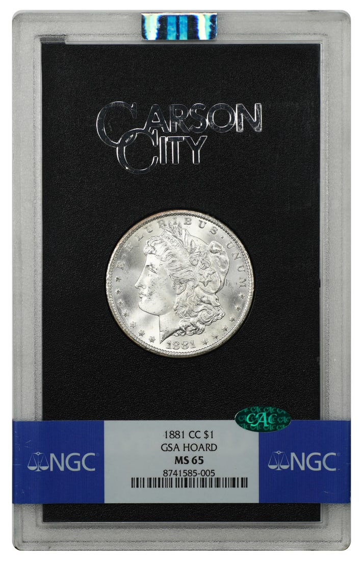 1881 Carson City Morgan Dollar $1 NGC MS65 CAC GSA Holder: 1881 Carson City Morgan Dollar $1 NGC MS65 CAC GSA Holder 1881-CC Morgan Dollar $1 certified by NGC and CAC, graded MS65. This CC-mint GSA example is housed in the original hard case. Condition: pre-o