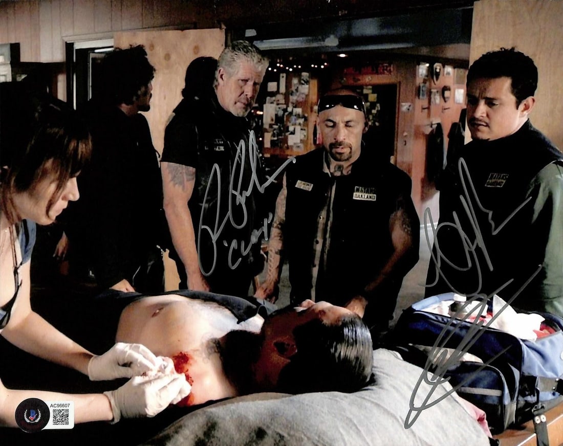 Beckett Authenticated Sons of Anarchy Cast Signed 8x10 Photo: Beckett Authenticated Sons of Anarchy Cast Signed 8x10 Photo This is an 8x10 photograph from the FX television series Sons of Anarchy, hand-signed by Ron Perlman, Emilio Rivera, and Jesse Garcia. The 
