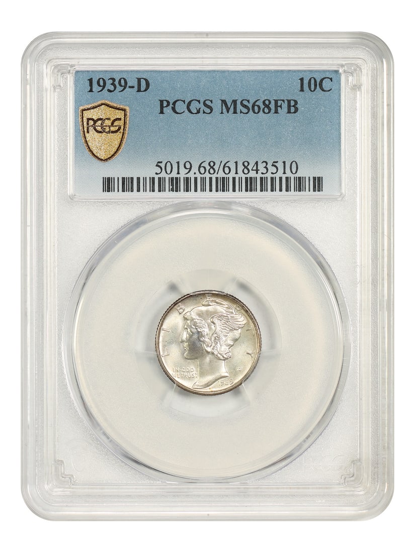 PCGS MS68FB 1939-D Mercury Dime 10C Uncirculated: PCGS MS68FB 1939-D Mercury Dime 10C Uncirculated 1939-D Mercury Dime graded PCGS MS68FB. This uncirculated 10C coin was struck at the Denver mint and is certified by PCGS with certification number 618