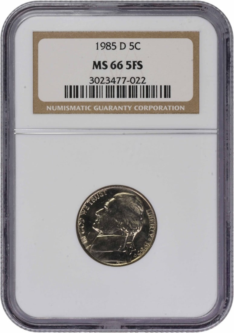 NGC MS66 Five Cent 1985-D Jefferson Nickel With 5 Full Steps: NGC MS66 Five Cent 1985-D Jefferson Nickel With 5 Full Steps This is a 1985-D Jefferson Nickel graded MS66 5FS by NGC. It is uncirculated and features the design by Felix Schlag. Struck at the Denver 