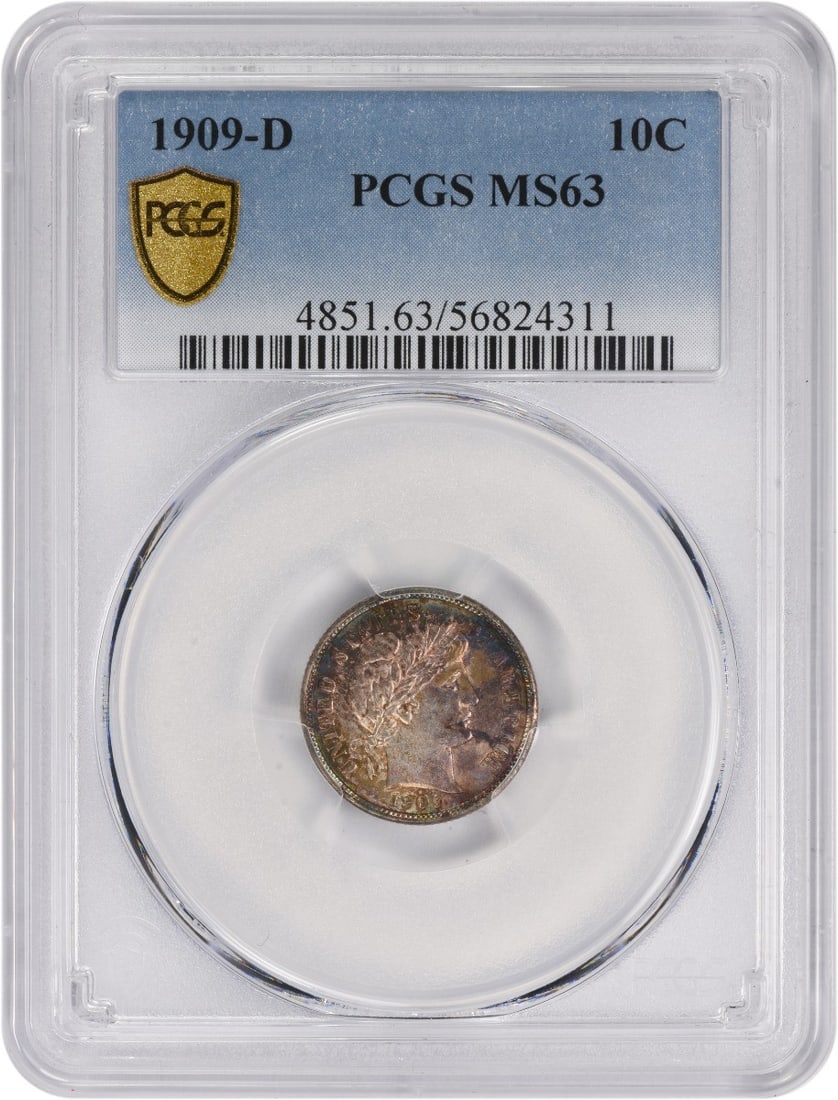 PCGS MS63 1909-D Barber Silver Dime: PCGS MS63 1909-D Barber Silver Dime This 1909-D Barber Silver Dime is graded MS63 by PCGS, indicating it is in uncirculated condition. Struck at the Denver Mint, this coin is composed of silver and is
