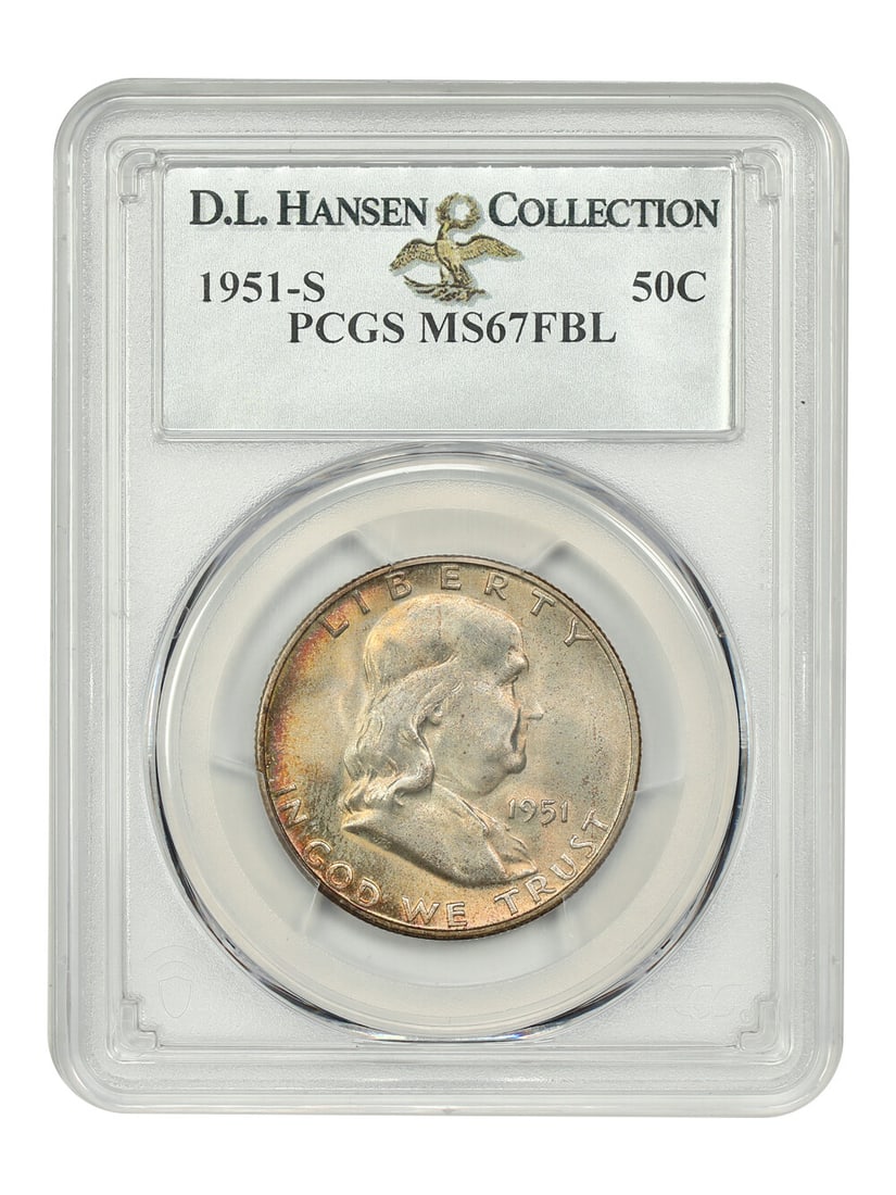 PCGS MS67FBL 1951-S Franklin Half Dollar 50C: PCGS MS67FBL 1951-S Franklin Half Dollar 50C This is a 1951-S Franklin Half Dollar 50C certified by PCGS and graded MS67FBL. It is an uncirculated San Francisco issue with certification number 3947193