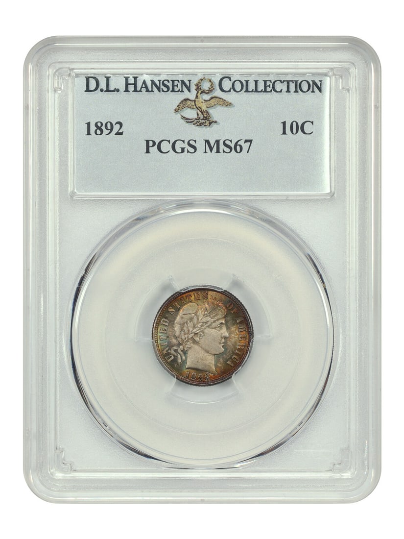 Barber Dime 1892 10C PCGS MS67 ex D.L. Hansen: Barber Dime 1892 10C PCGS MS67 ex D.L. Hansen An 1892 Barber Dime graded MS67 by PCGS, offered in uncirculated condition and certified with certification number 34025360. This richly rainbow toned exa