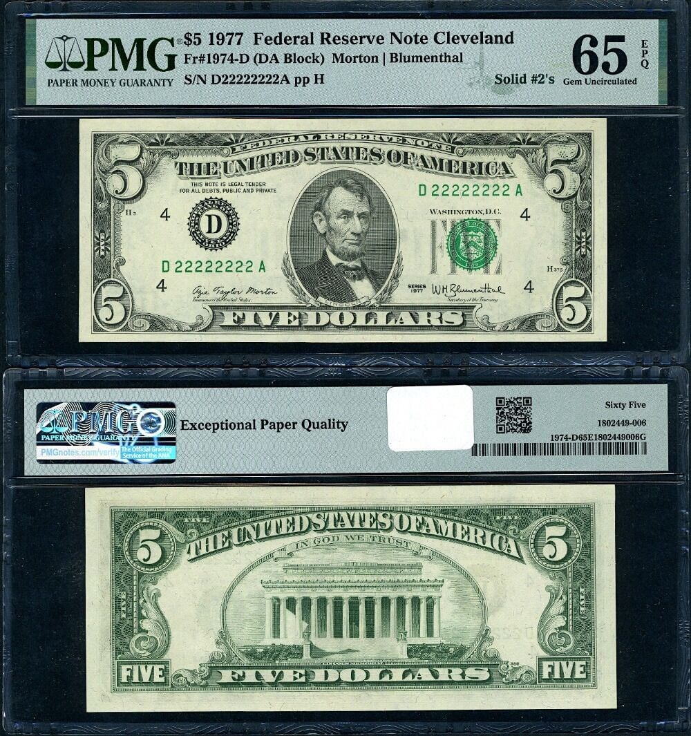 PMG Gem CU65 EPQ 1977 $5 Federal Reserve Note Solid 2s Serial (1 of 3)