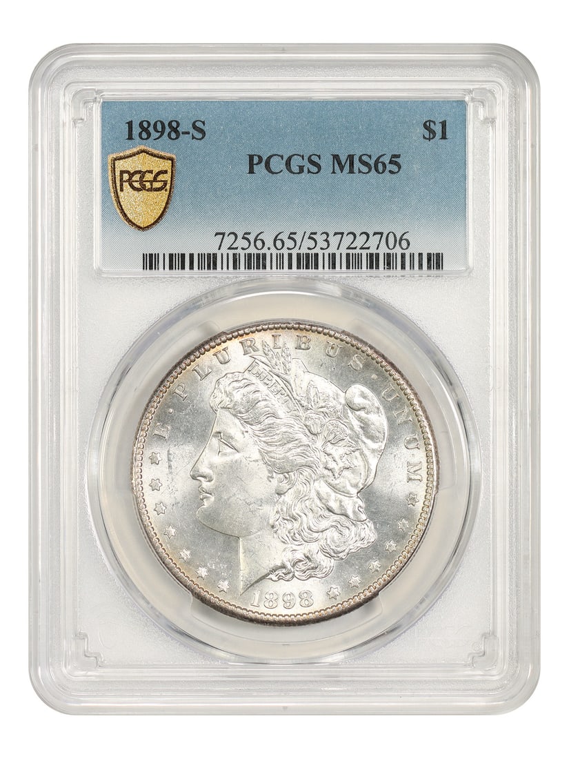 PCGS MS65 1898-S Morgan Dollar $1 San Francisco Mint: PCGS MS65 1898-S Morgan Dollar $1 San Francisco Mint 1898-S Morgan Dollar, denomination $1, certified by PCGS and graded MS65. This San Francisco issue is an uncirculated example and is noted as a bet