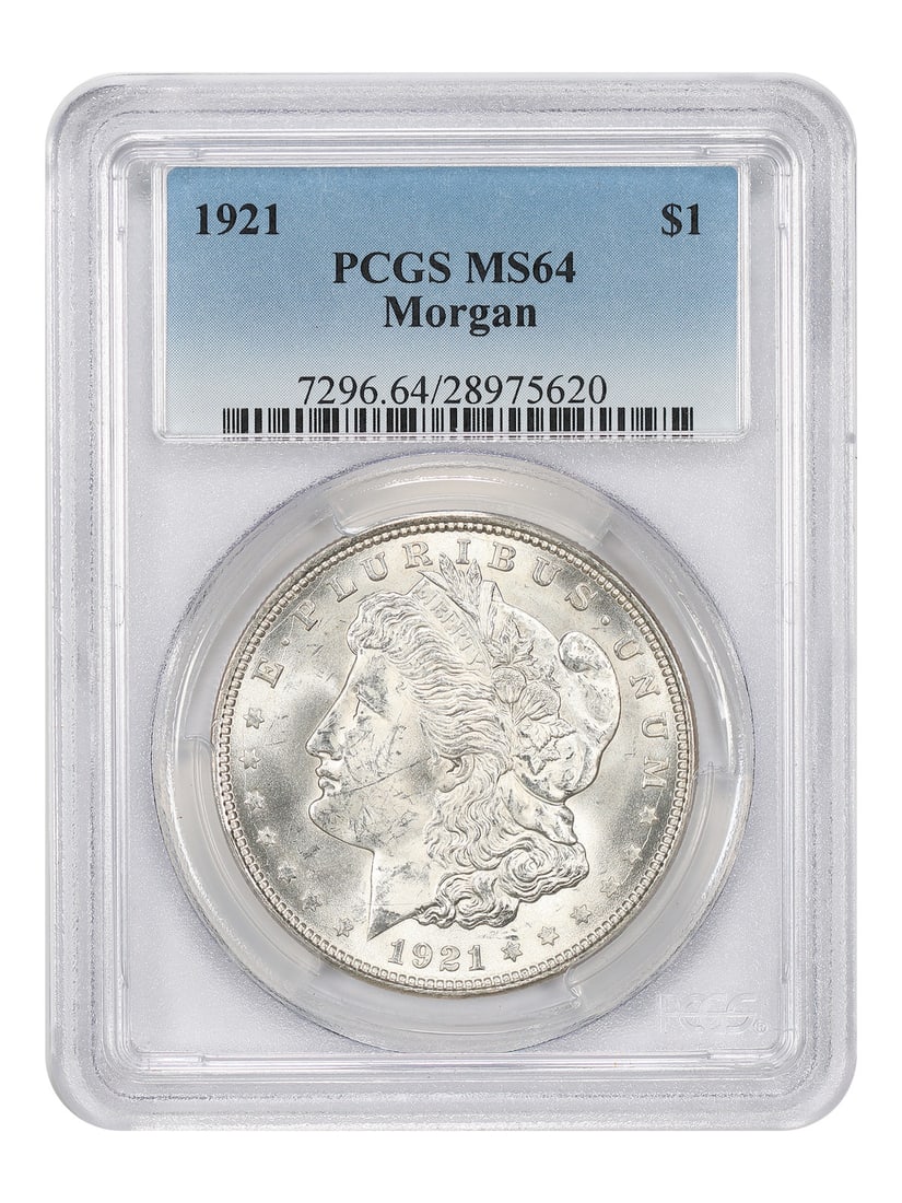 PCGS MS64 1921 Morgan Dollar $1 Philadelphia Issue: PCGS MS64 1921 Morgan Dollar $1 Philadelphia Issue 1921 $1 Morgan Dollar, certified by PCGS and graded MS64. This uncirculated Philadelphia-minted coin is the final year of issue for the Morgan silver