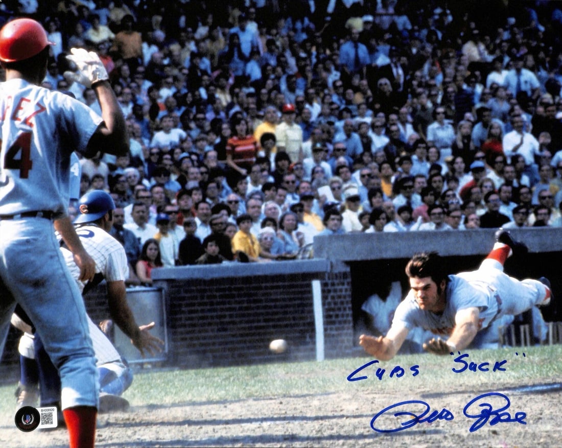 Pete Rose Autographed 11x14 Reds Photo with Cubs Suck Inscription Beckett (1 of 1)