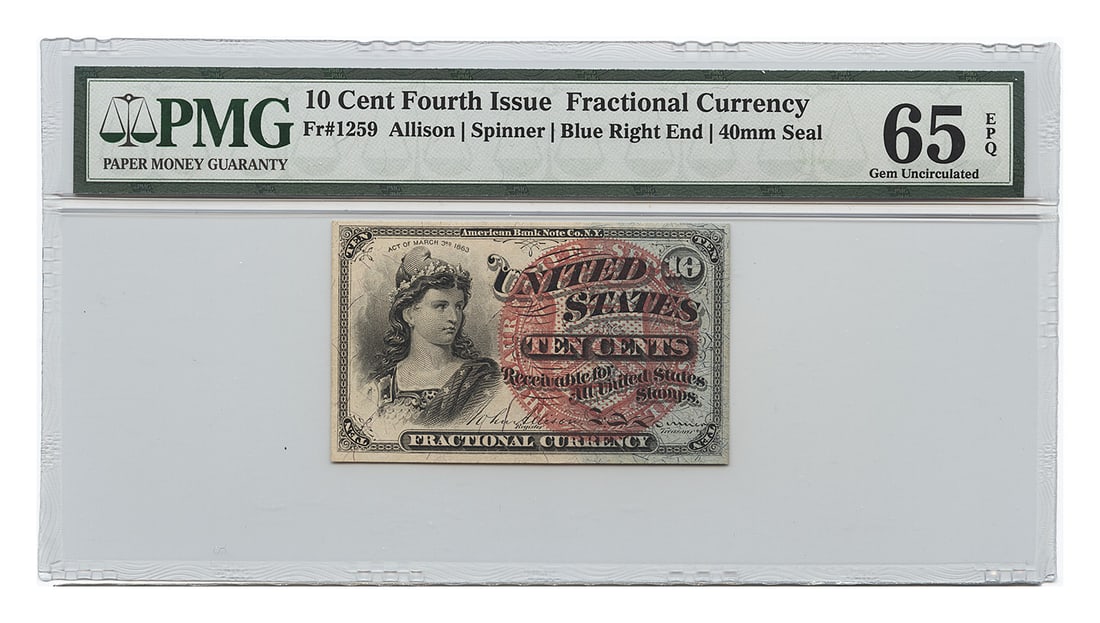 PMG Gem UNC65 EPQ 10 Cents Fractional Currency Fourth Issue Fr 1259: PMG Gem UNC65 EPQ 10 Cents Fractional Currency Fourth Issue Fr 1259 This 10 Cents Fractional Currency note is a Fourth Issue example certified by PMG as Gem UNC65 EPQ. It is listed as uncirculated and