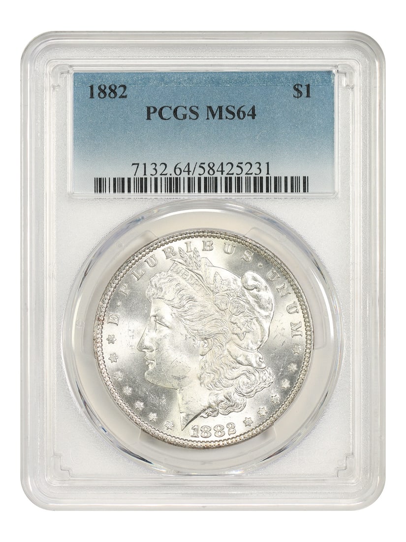 1882 PCGS MS64 Morgan Dollar $1 Philadelphia Mint: 1882 PCGS MS64 Morgan Dollar $1 Philadelphia Mint An 1882 Morgan Dollar with a $1 denomination, struck at the Philadelphia Mint and certified by PCGS as MS64. The coin is uncirculated and offered in p
