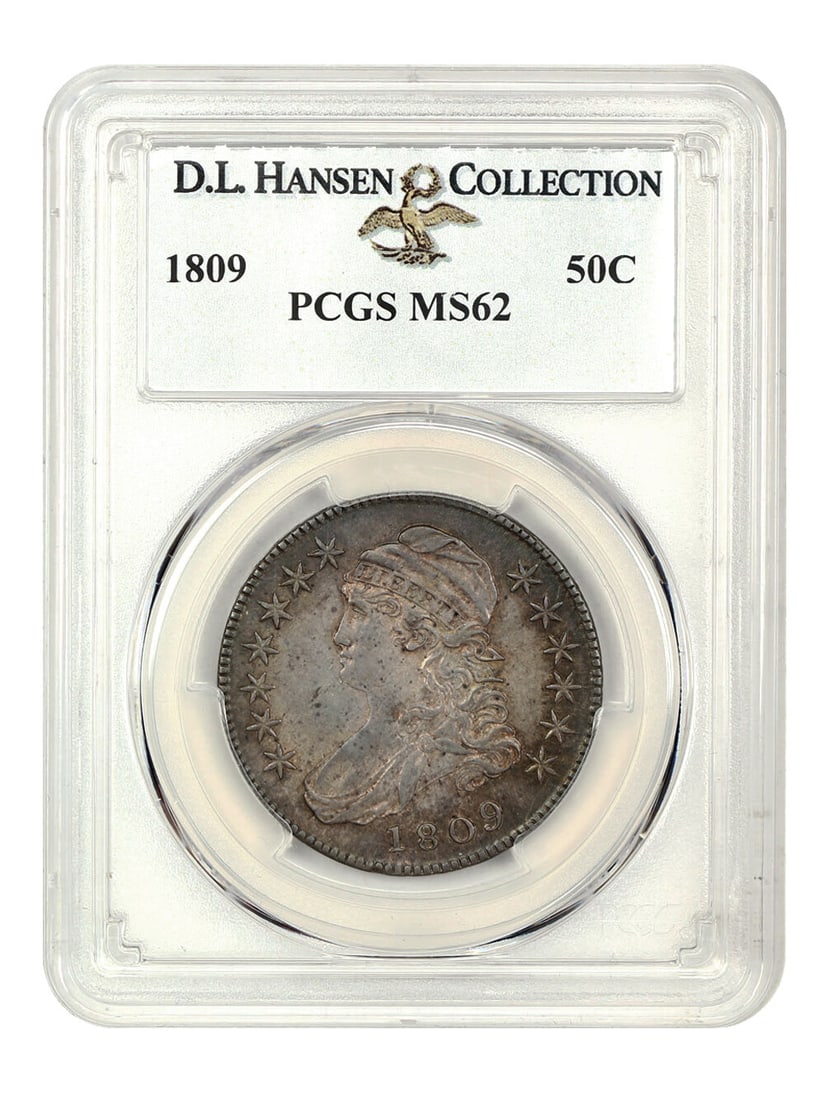 1809 Capped Bust Half Dollar PCGS MS62 ex D.L. Hansen: 1809 Capped Bust Half Dollar PCGS MS62 ex D.L. Hansen 1809 Capped Bust Half Dollar graded PCGS MS62. This uncirculated example shows crisp details and plenty of luster beneath rich patina. The title n