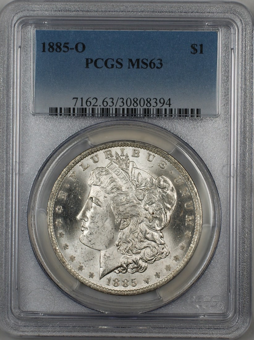 PCGS MS63 1885-O Morgan Dollar Silver Uncirculated Coin: PCGS MS63 1885-O Morgan Dollar Silver Uncirculated Coin This is an 1885-O Morgan Silver Dollar with a $1 denomination, minted in New Orleans. The coin is composed of silver and has been certified by P