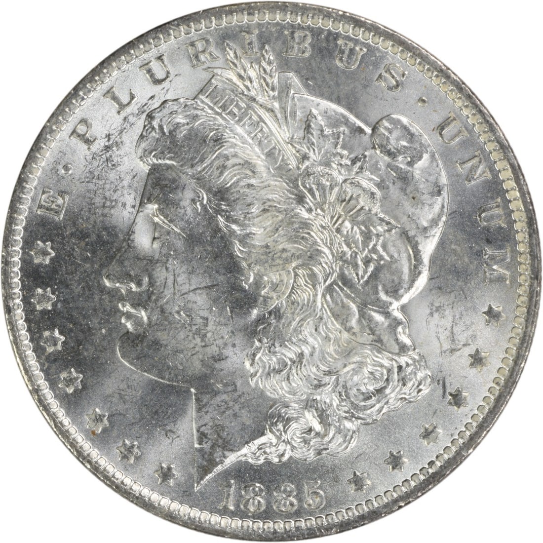 Uncirculated 1885-O Silver Dollar Morgan Choice BU Uncertified: Uncirculated 1885-O Silver Dollar Morgan Choice BU Uncertified This is an 1885-O Morgan Silver Dollar in Choice Brilliant Uncirculated (BU) condition. The coin is uncertified and features the 'O' mint