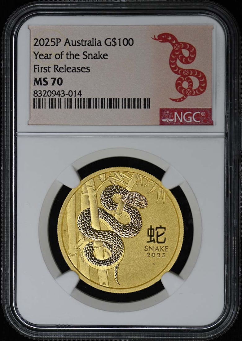 2025 Australia G$100 Year of Snake NGC MS70 Coin: 2025 Australia G$100 Year of Snake NGC MS70 Coin This 2025 Australia G$100 Year of the Snake coin is a remarkable collectible, certified by NGC with a perfect MS70 grade. This uncirculated coin showca
